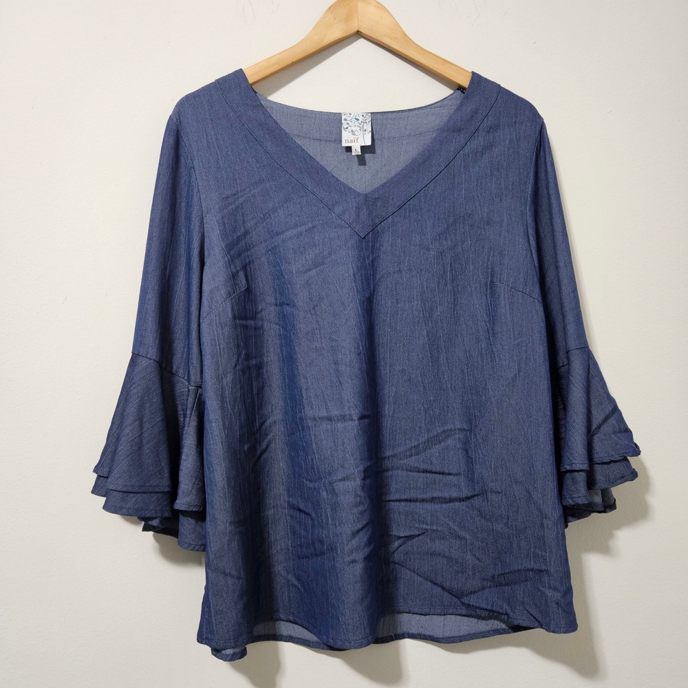 Naif Blue Tiered Bell Sleeve V-Neck Chambray Blouse‎ Top Womens Large L